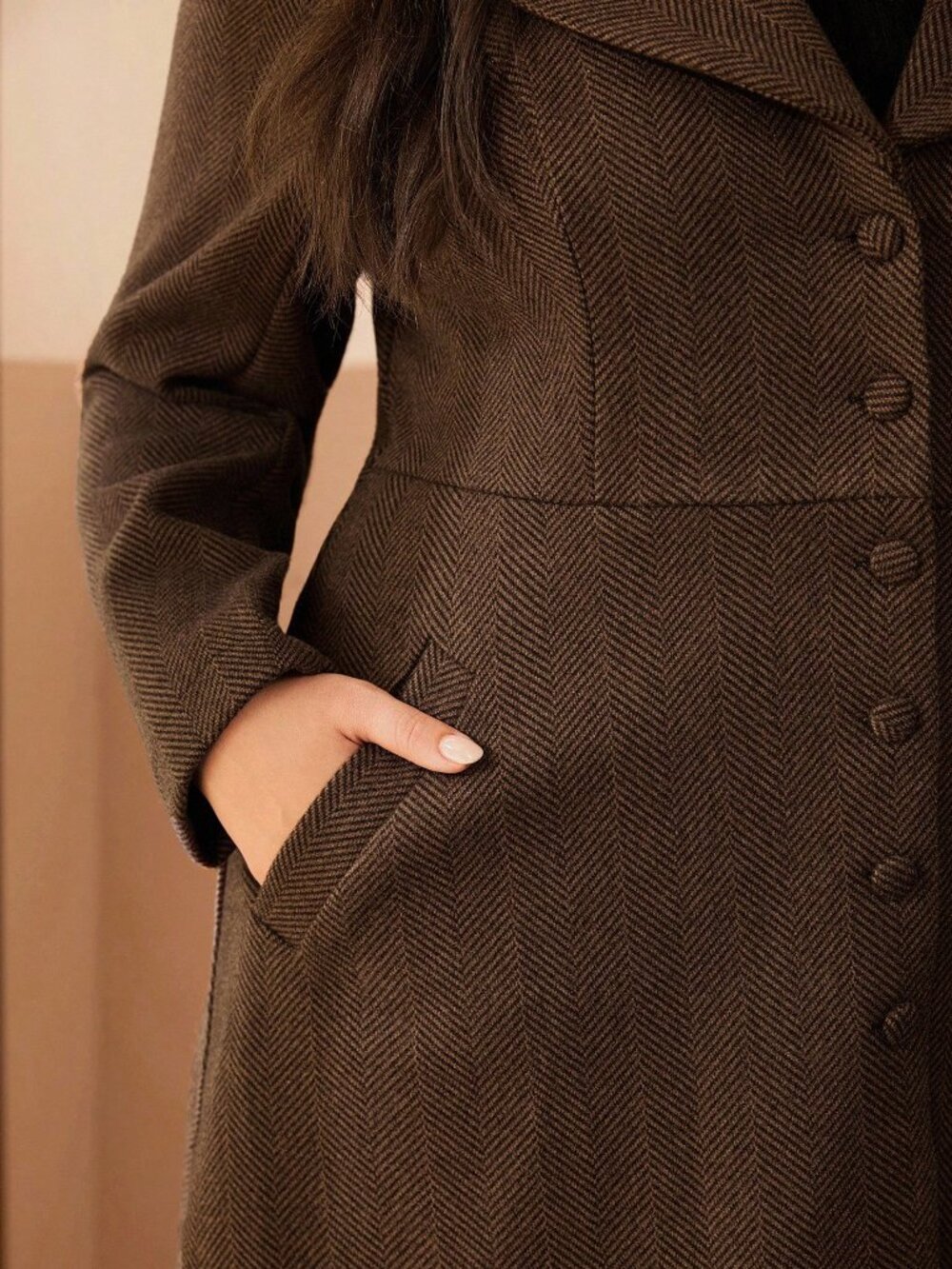 Coffee Brown Elegant Women's Plus Size Overcoat - Picture 6 of 6
